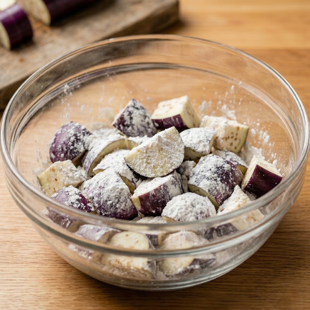 이연복 흑초가지 레시피 2단계: 썰어둔 가지에 물 없이 마른 전분 가루를 묻혀 튀김옷을 입히는 과정