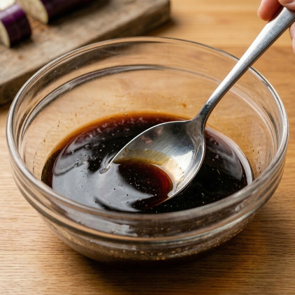 이연복 흑초가지 레시피 3단계: 흑초, 진간장, 설탕, 치킨파우더를 섞어 새콤달콤한 특제 소스를 만드는 과정