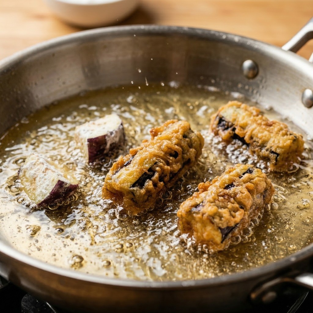 이연복 흑초가지 레시피 4단계: 전분 옷을 입힌 가지를 기름을 두른 팬에서 갈색빛이 돌도록 바삭하게 튀기듯 굽는 과정