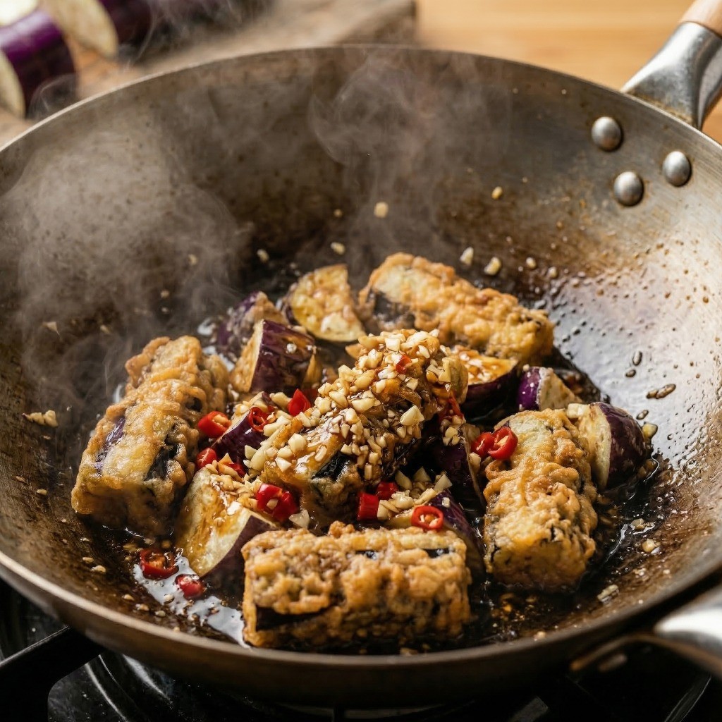 이연복 흑초가지 레시피 5단계: 바삭하게 튀긴 가지에 특제 흑초 소스와 마늘, 태국고추를 넣고 센 불에서 빠르게 졸이는 과정