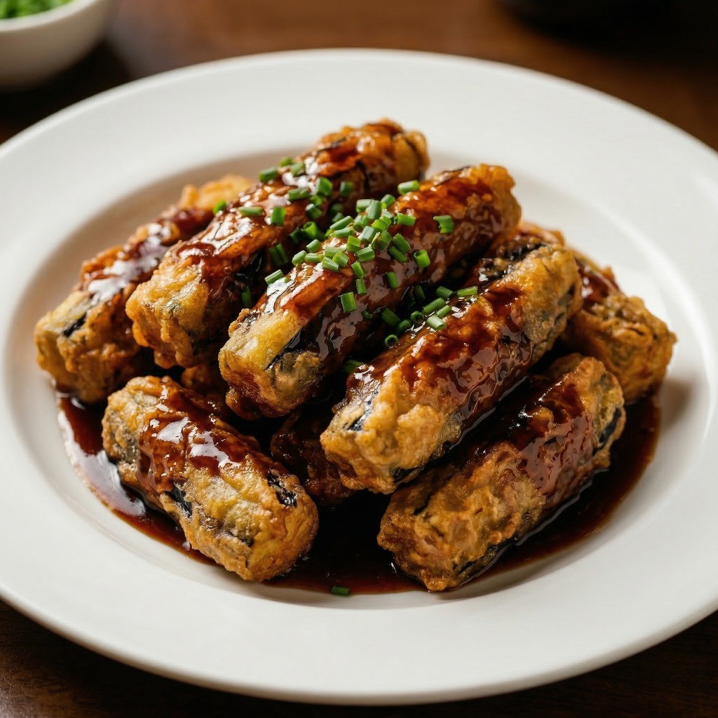 이연복 흑초가지 레시피 6단계: 윤기 나게 볶아진 흑초가지를 그릇에 담고 다진 쪽파를 솔솔 뿌려 완성한 모습