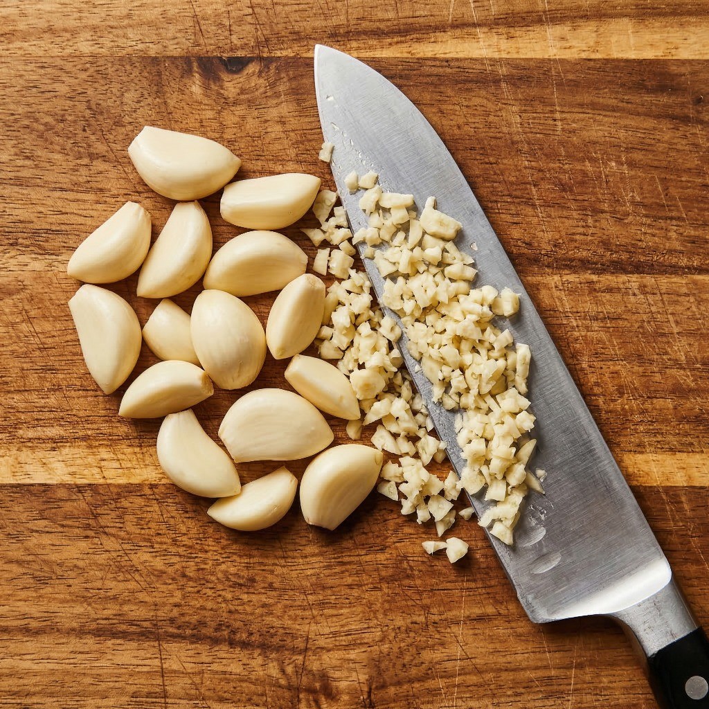 마늘 새우찜의 핵심인 통마늘 15알을 식칼로 거칠게 다지는 모습