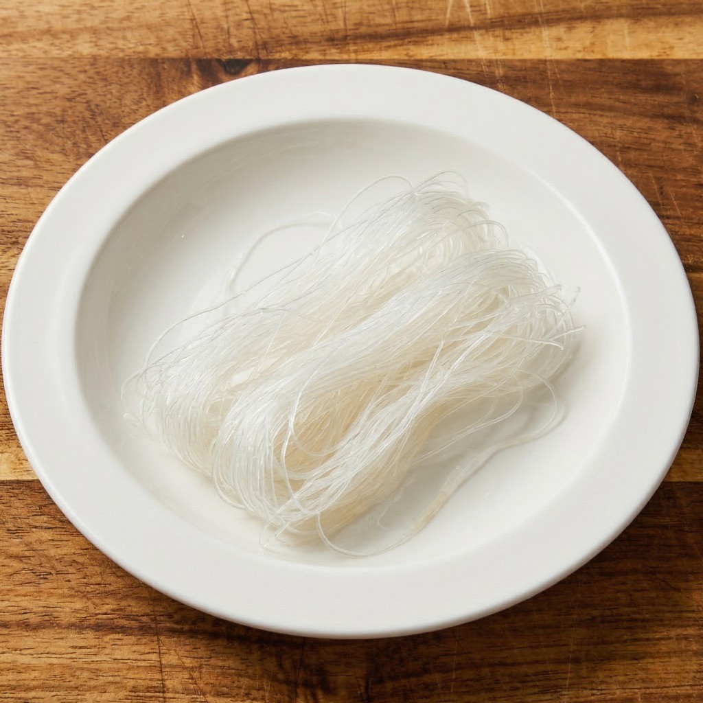 마늘 새우찜의 감칠맛을 흡수할 실당면을 1시간 동안 불려 접시에 세팅한 모습