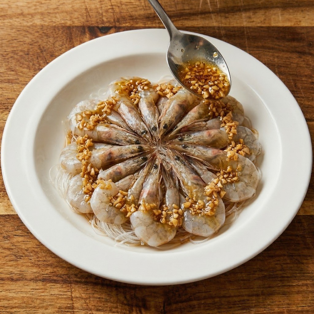 불린 당면 위에 손질된 새우를 올리고 마늘 소스를 듬뿍 얹어 찌기 전 세팅한 모습