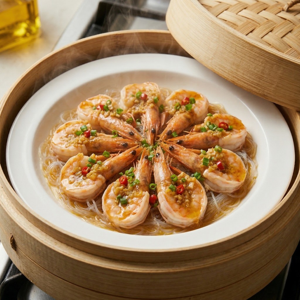 찜기에서 5분간 쪄내어 쪽파와 태국 고추 고명을 올린 완벽한 홈파티용 마늘 새우찜
