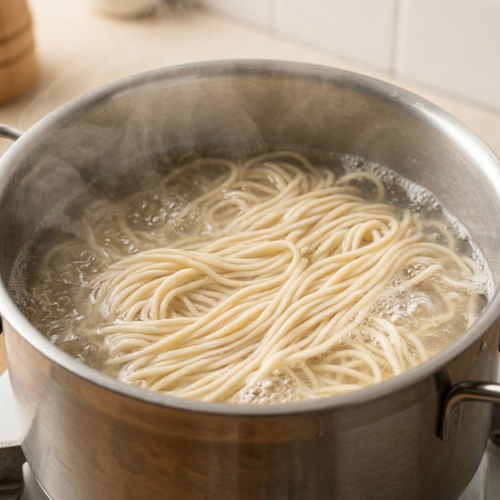 이연복 굴짬뽕 레시피 1단계: 끓는 물에 중화용 생면을 삶고 찬물에 헹구는 모습