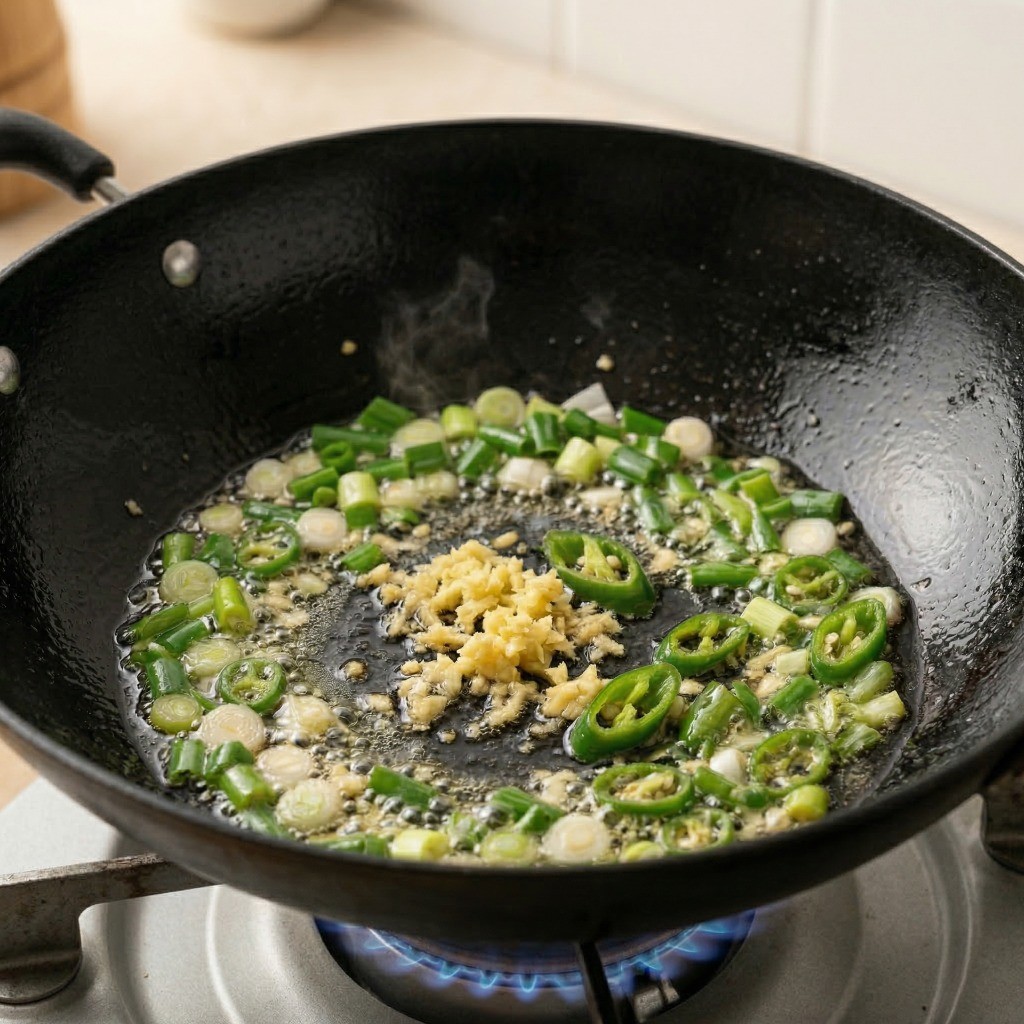이연복 굴짬뽕 만들기 2단계: 기름을 두른 웍에 대파, 생강, 청양고추를 볶아 파기름을 내는 모습