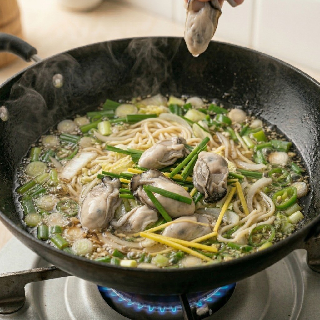 겨울 제철 굴짬뽕 요리 5단계: 끓는 국물에 삶은 면과 신선한 굴, 호부추를 듬뿍 올리는 모습