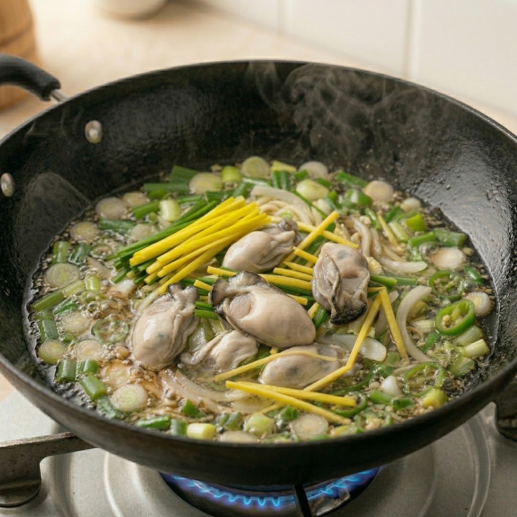 이연복 셰프 굴짬뽕 레시피: 굴과 부추를 살짝 익혀 완성된 먹음직스러운 굴짬뽕 그릇 플레이팅 모습