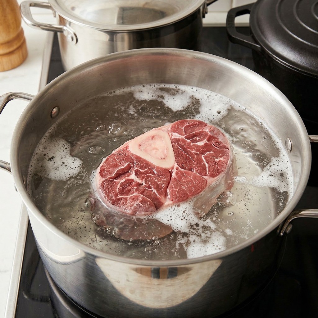 이연복 소고기탕면 레시피 1단계: 끓는 물에 소고기 사태를 초벌 삶아 불순물 제거하는 모습