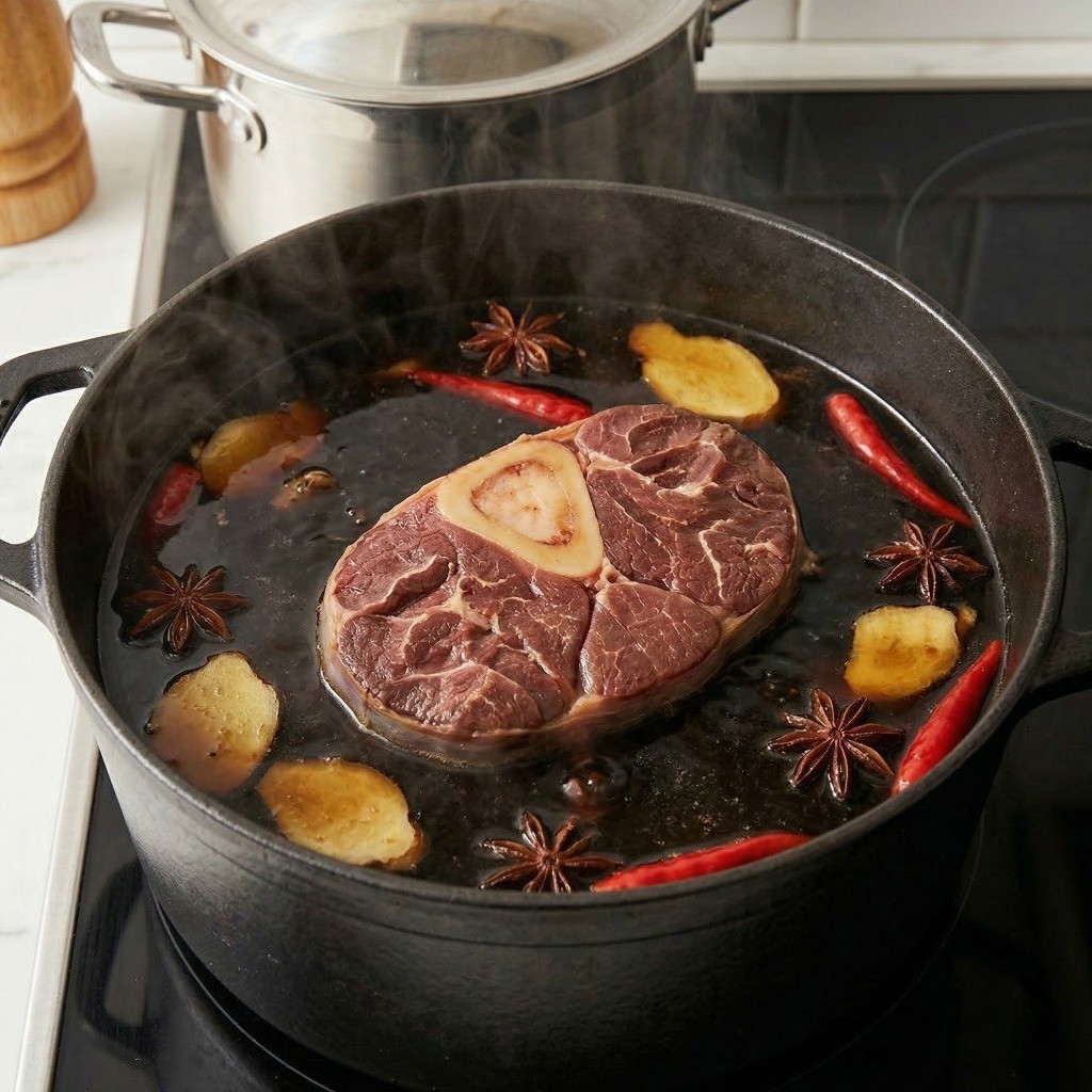 이연복 소고기탕면 레시피 2단계: 간장, 노추, 팔각을 넣은 베이스에 소고기 사태를 푹 졸이는 모습