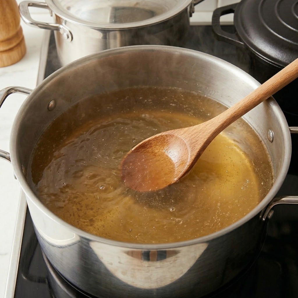 이연복 소고기탕면 레시피 3단계: 치킨스톡과 소고기 다시다를 활용하여 초간단 감칠맛 육수 만드는 모습