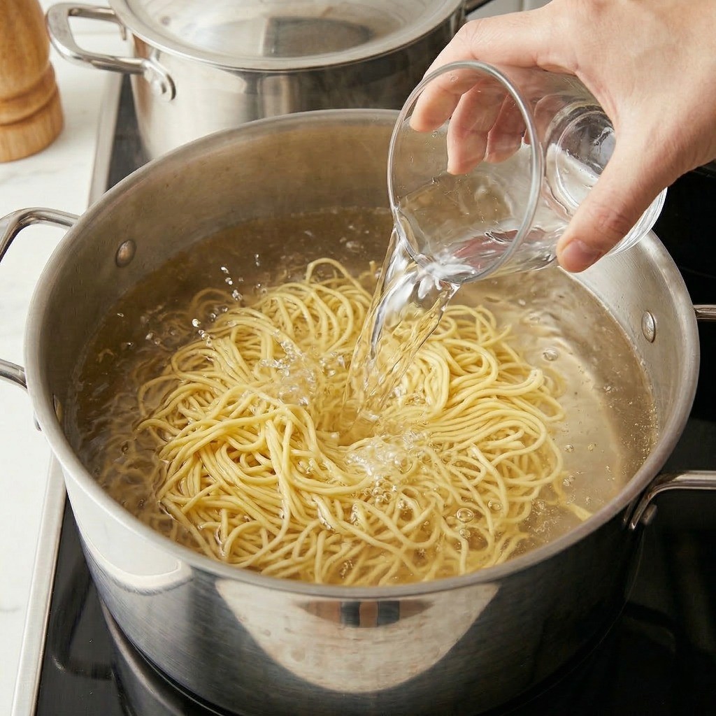 이연복 소고기탕면 레시피 4단계: 끓는 물에 중화면을 넣고 찬물을 부어가며 쫄깃하게 면 삶는 모습