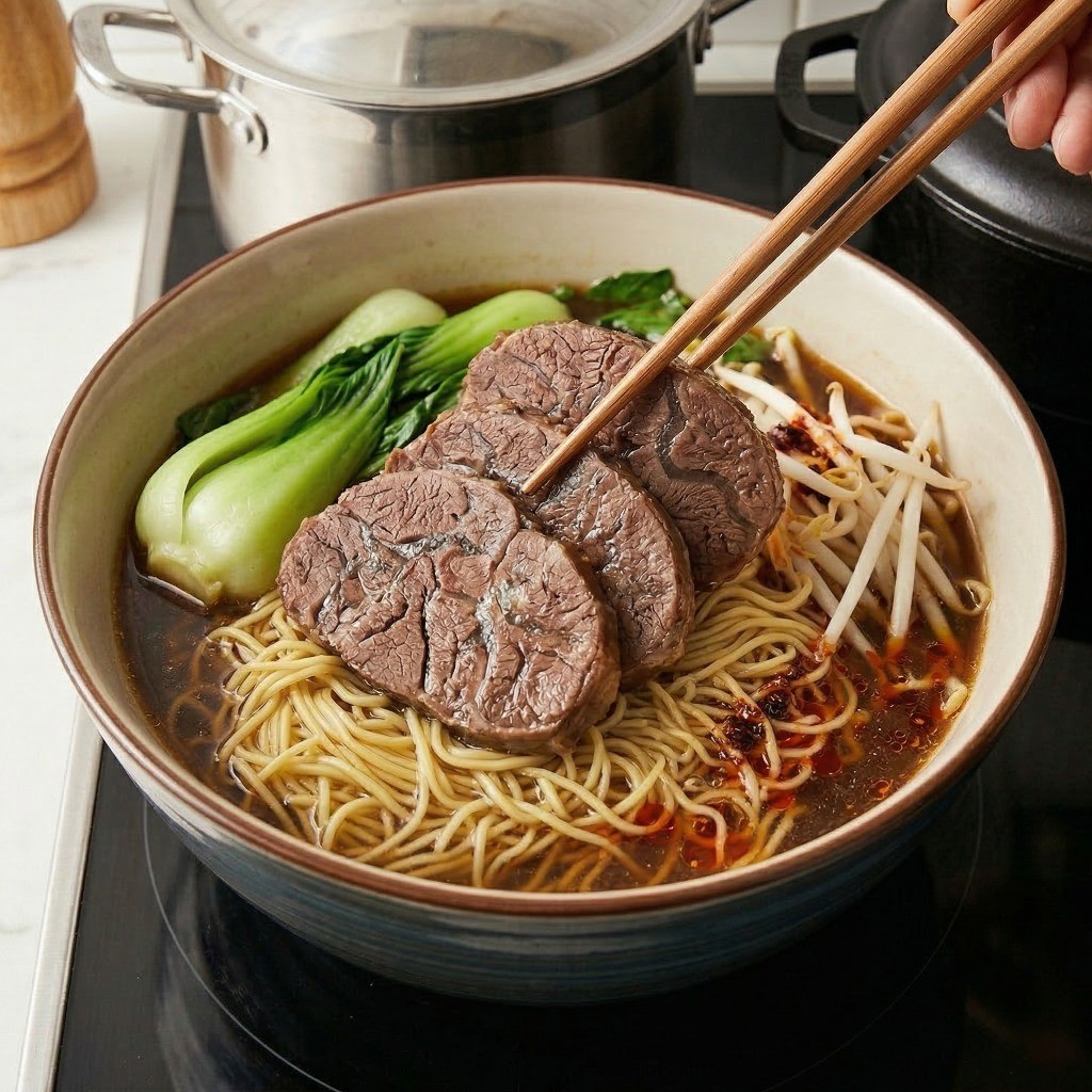 이연복 소고기탕면 레시피 5단계: 그릇에 면, 사태 고기, 청경채, 파, 고추기름을 올려 대만식 우육면 플레이팅 완성한 모습