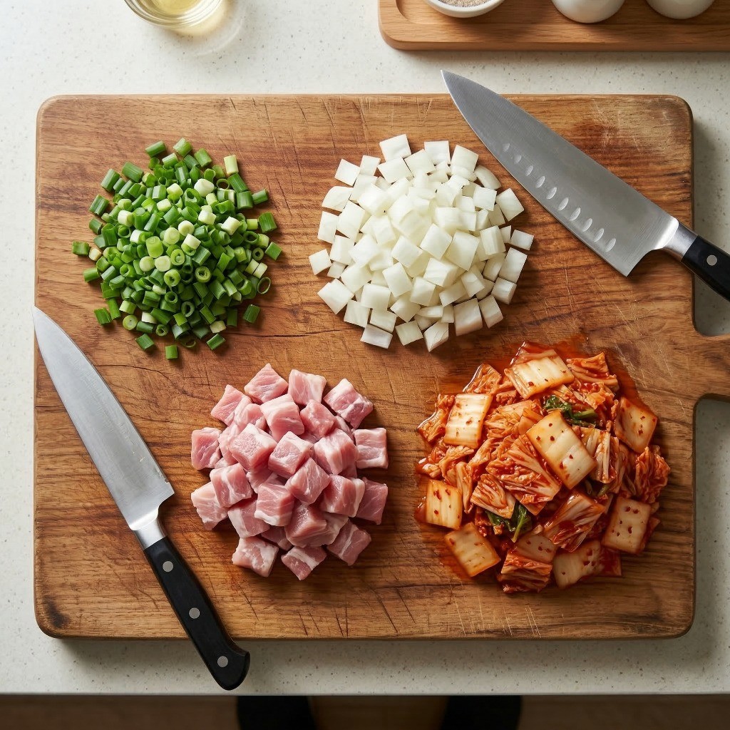 김치볶음밥 재료 준비: 깍둑썰기한 대파, 양파, 돼지고기와 먹기 좋게 썬 신김치