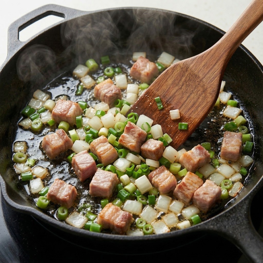 프라이팬에 식용유를 두르고 대파, 양파, 돼지고기를 볶는 과정