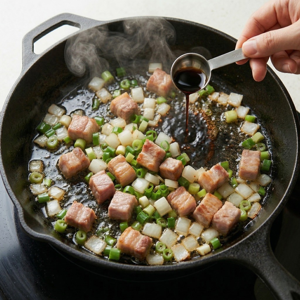 볶은 고기와 채소에 진간장 2티스푼을 넣어 불향을 입히는 모습