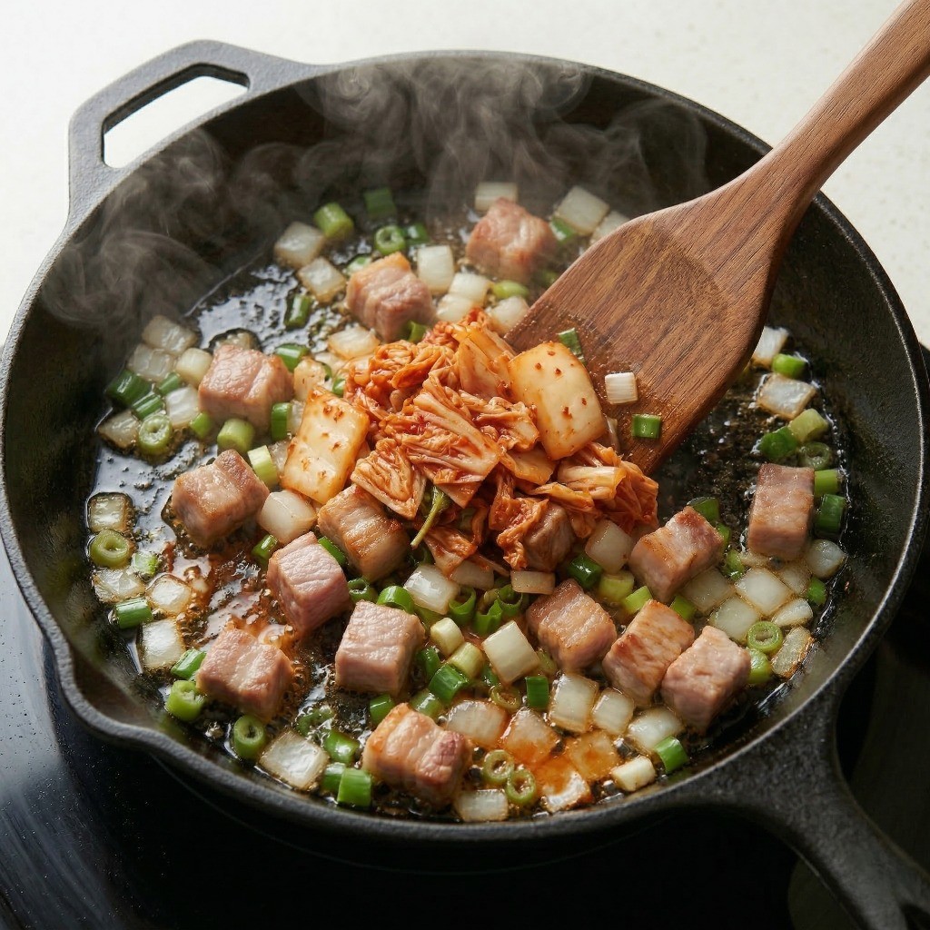 프라이팬에 썰어둔 신김치를 추가하여 고기, 채소와 함께 볶는 모습