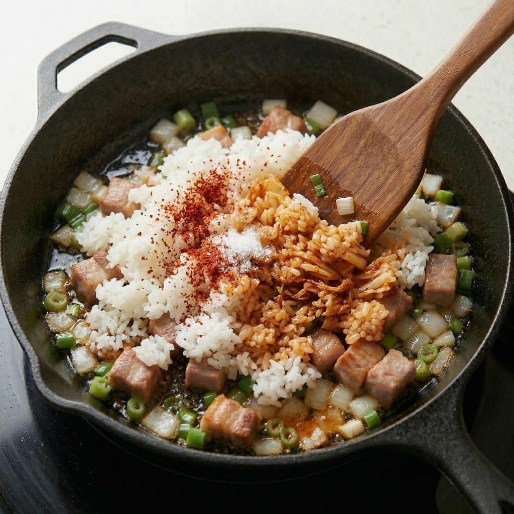 밥과 고춧가루, 설탕, 치킨스톡 양념을 더해 완성된 먹음직스러운 김치볶음밥