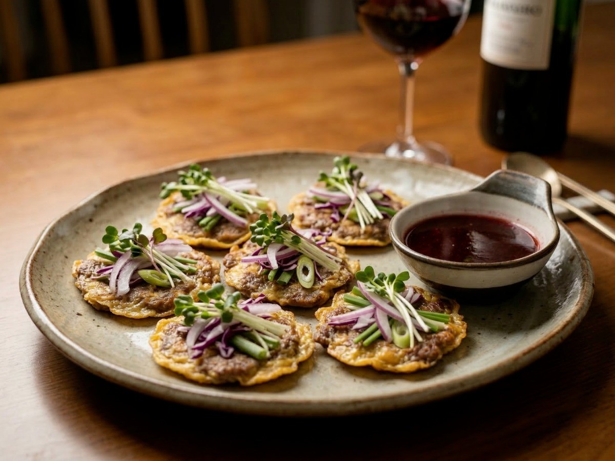 먹음직스럽게 완성된 이연복 셰프의 소고기 육전과 와인 소스