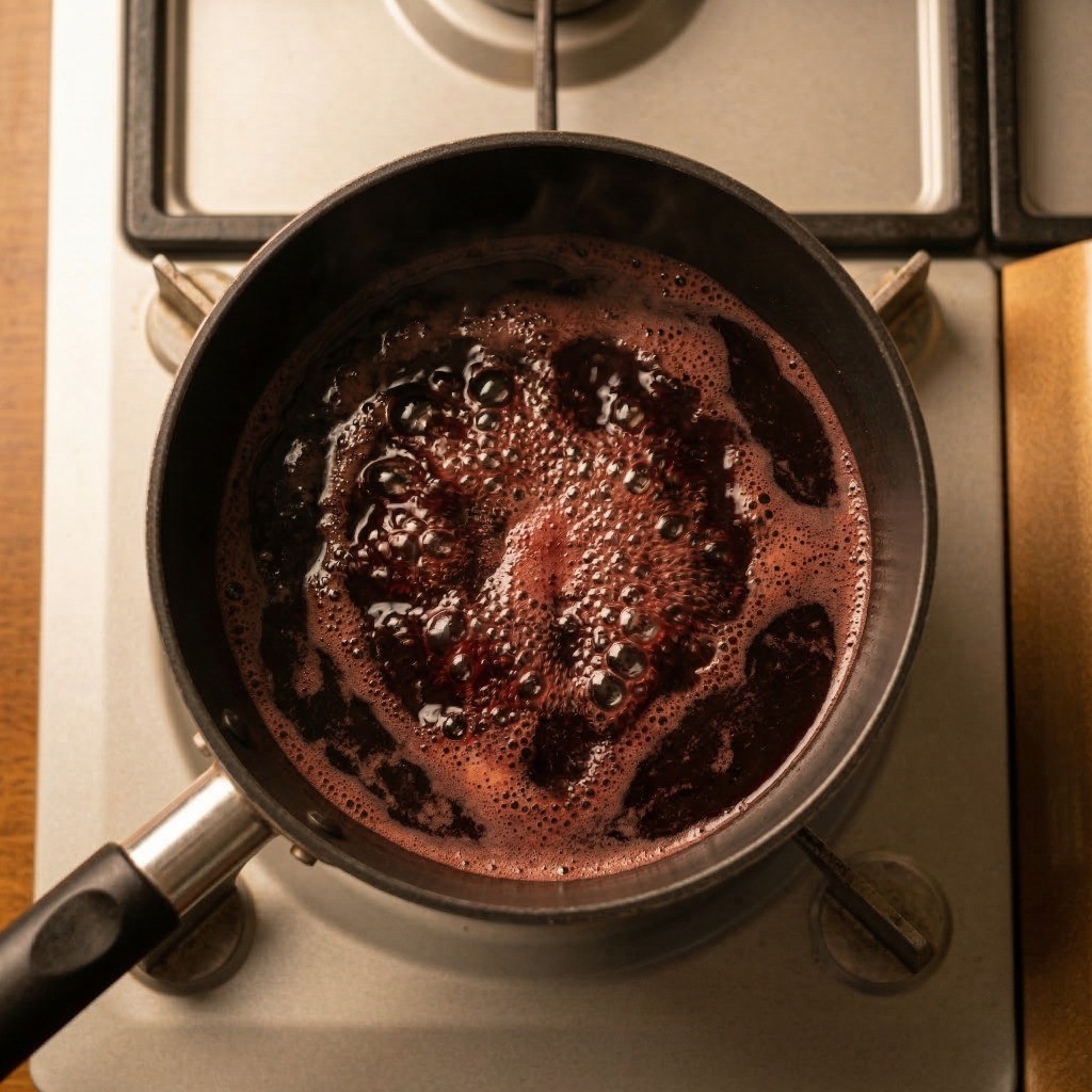 냄비에 레드 와인을 끓여 알코올을 날리는 와인 소스 베이스 만들기 과정