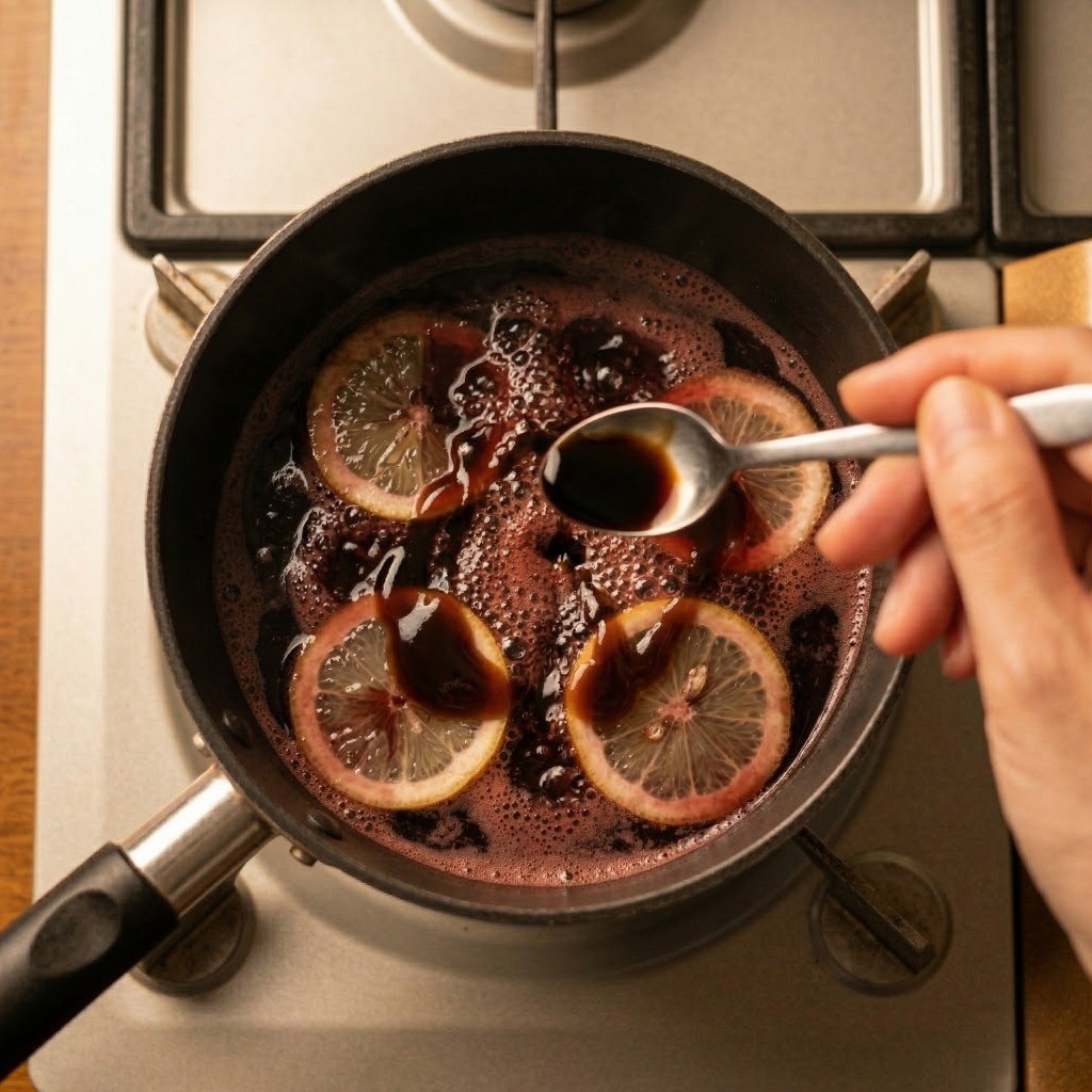 끓인 와인에 레몬 슬라이스와 간장, 굴소스 등 양념을 넣고 졸이는 과정