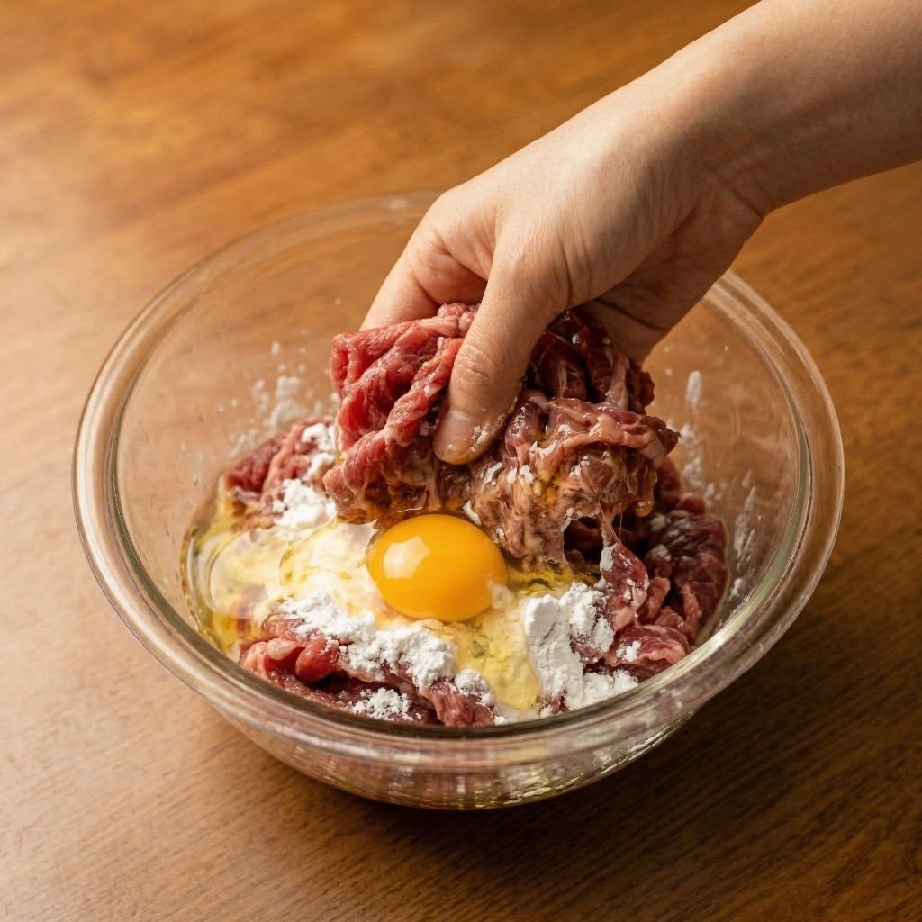 홍두깨살에 전분, 계란, 식용유를 넣고 버무려 육전 반죽을 만드는 과정