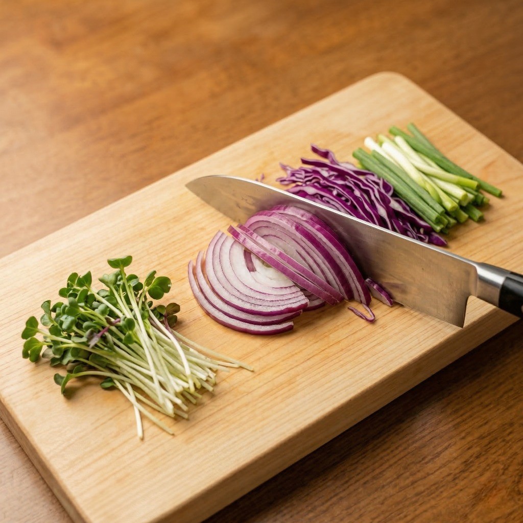 육전에 곁들일 적양파, 적양배추, 대파를 채 썰어 준비하는 과정