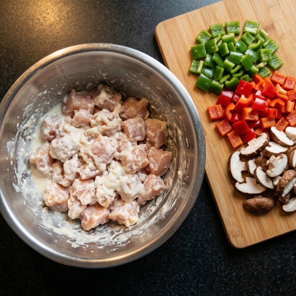 어향치킨용 채소 손질 및 닭다리살에 튀김가루 반죽을 얼기설기 입힌 모습