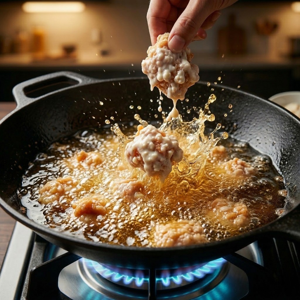 달궈진 기름에 닭고기 반죽을 넣어 1차로 바삭하게 튀겨내는 과정