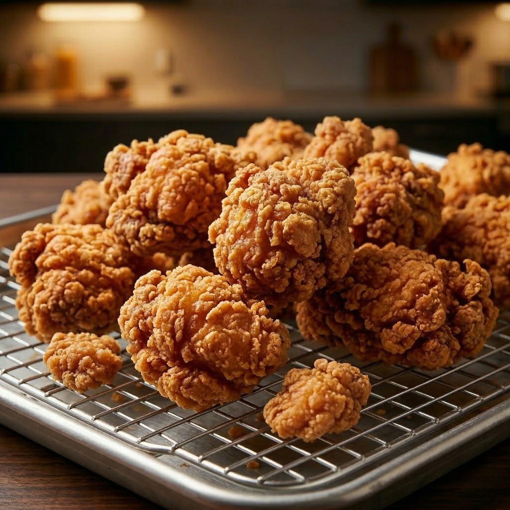 1차로 튀긴 닭고기를 다시 한번 고온에 튀겨 겉바속촉 식감을 살리는 2차 튀김 과정