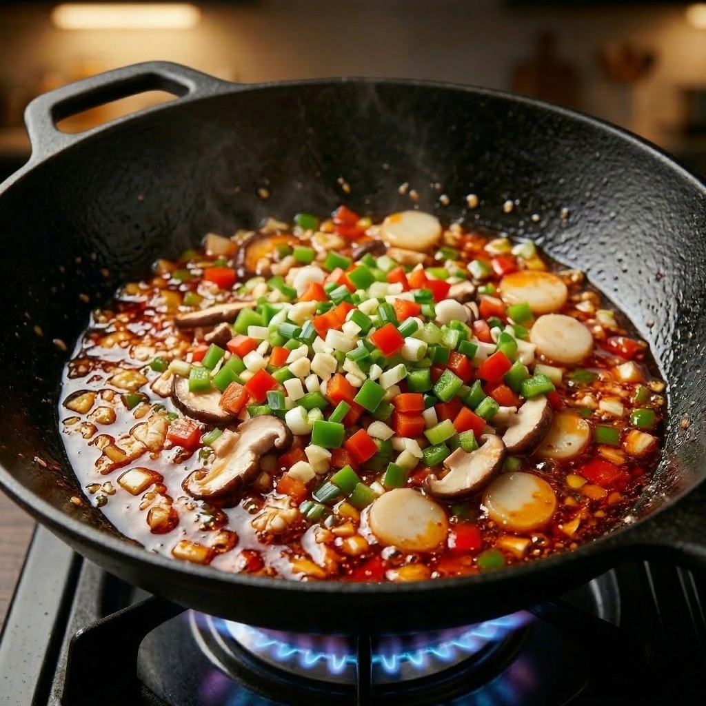 고추기름을 두른 팬에 대파, 마늘, 피망, 파프리카, 표고버섯, 물밤을 볶는 어향소스 조리 과정