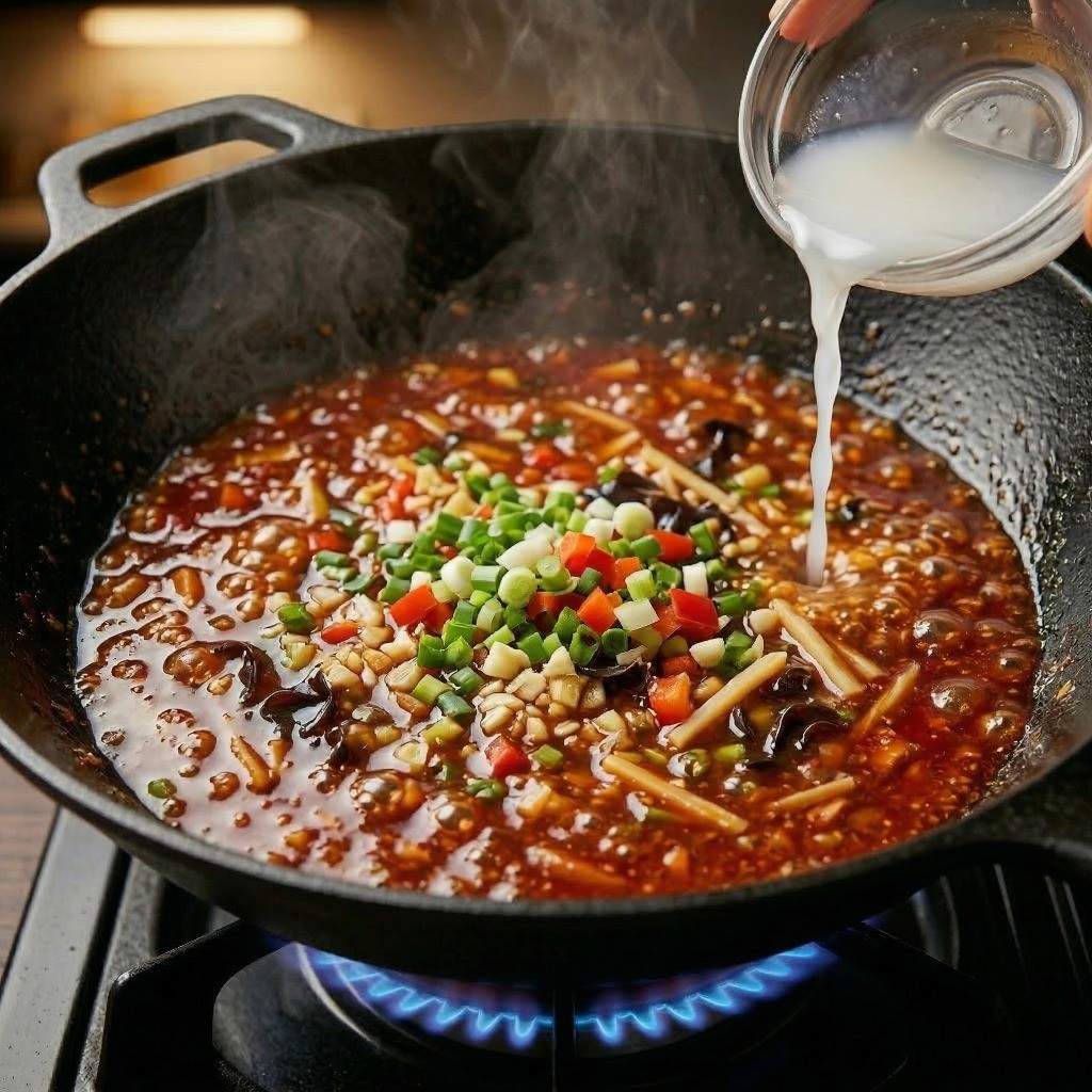 어향소스 양념을 끓이며 전분물을 조금씩 넣어 걸쭉한 농도를 맞추는 모습