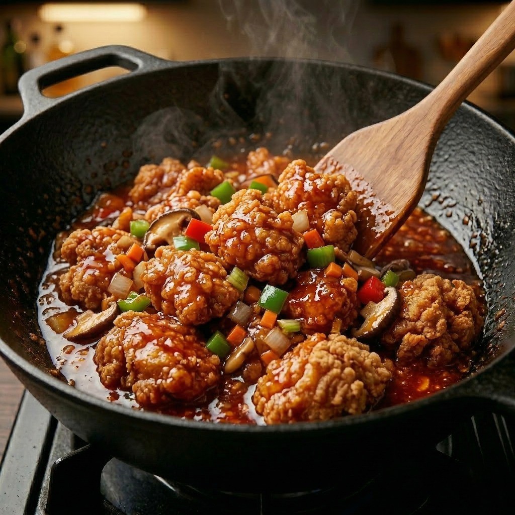 완성된 어향소스에 두 번 튀겨낸 바삭한 치킨을 빠르게 버무려 코팅하는 모습