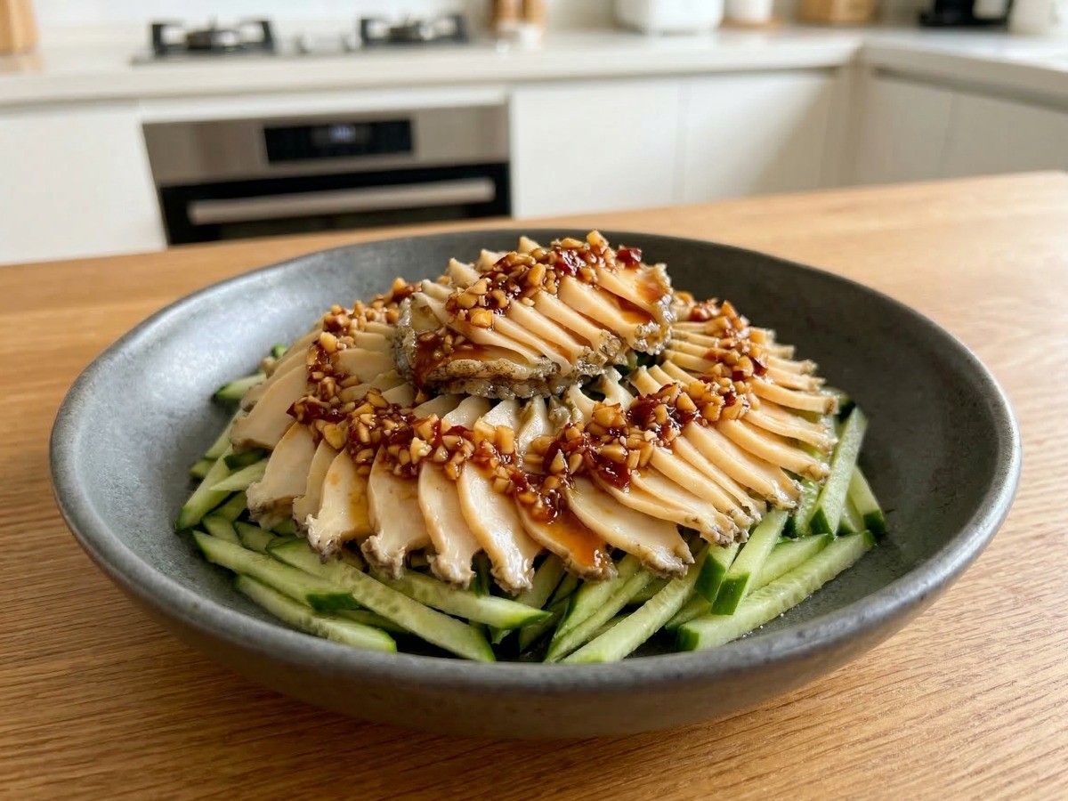 먹음직스러운 이연복 전복 냉채 완성 사진, 두반장 소스를 곁들인 최고급 손님초대요리 및 술안주