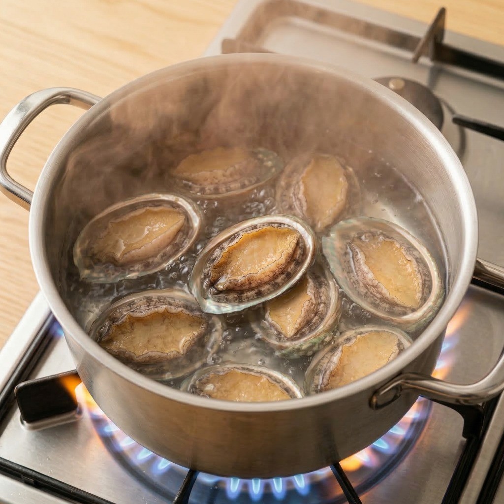 이연복 전복 냉채 레시피 2단계: 끓는 물에 전복을 껍데기째 넣어 질기지 않게 데치는 과정