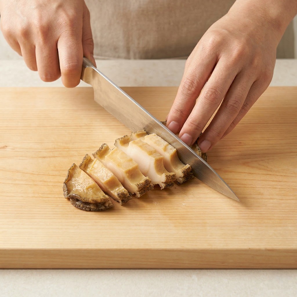 이연복 전복 냉채 레시피 3단계: 데쳐낸 전복을 식힌 후 내장과 이빨을 제거하고 먹기 좋은 두께로 써는 모습