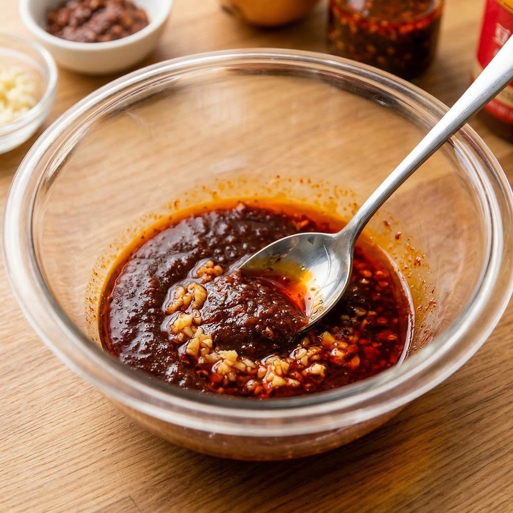 이연복 전복 냉채 레시피 4단계: 굴소스, 두반장, 고추기름 등을 섞어 매콤새콤한 비법 두반장 소스 만드는 법