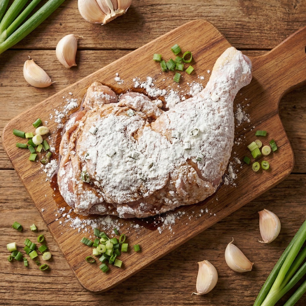 밑간한 닭다리에 마른 전분을 듬뿍 묻혀 숙성하는 모습