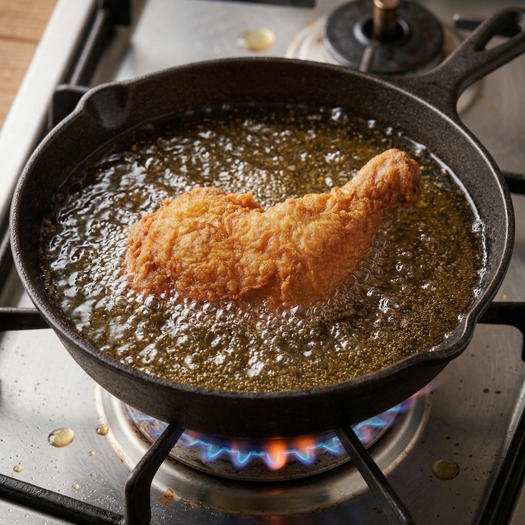 뜨거운 기름에 닭다리를 바삭하게 두 번 튀겨내는 과정