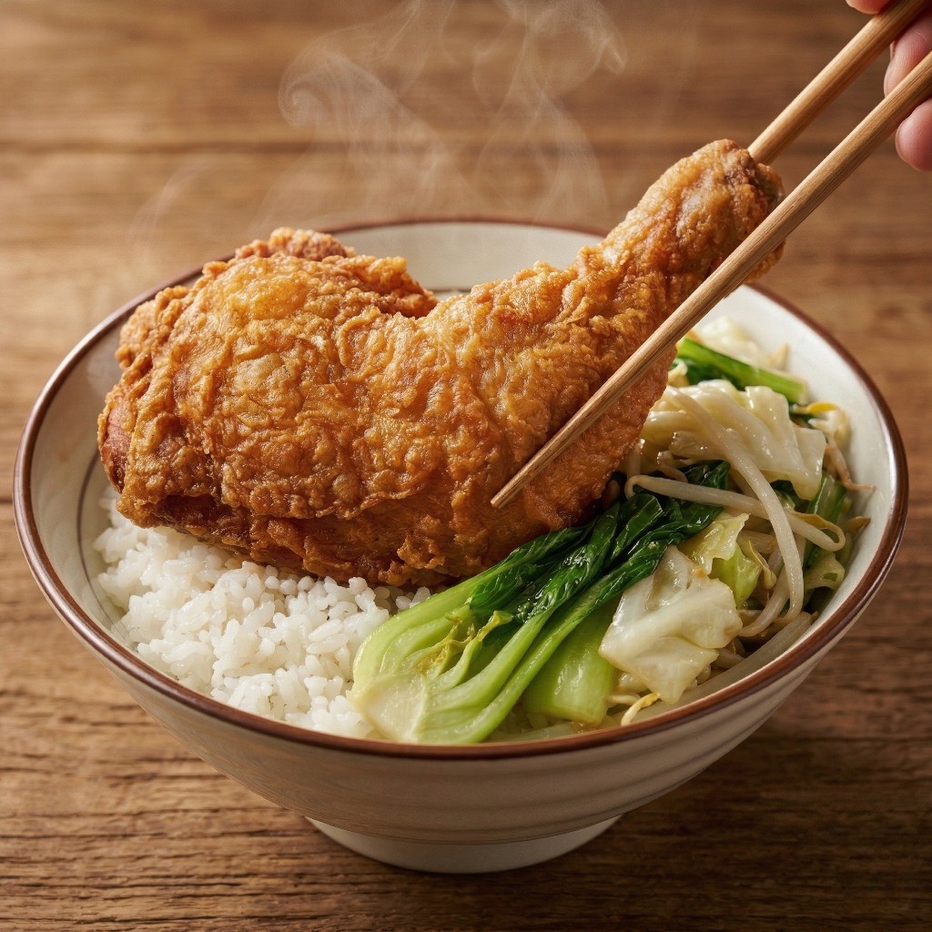 밥 위에 볶은 채소와 바삭한 통 닭다리를 올린 대만식 닭다리 튀김 밥 플레이팅
