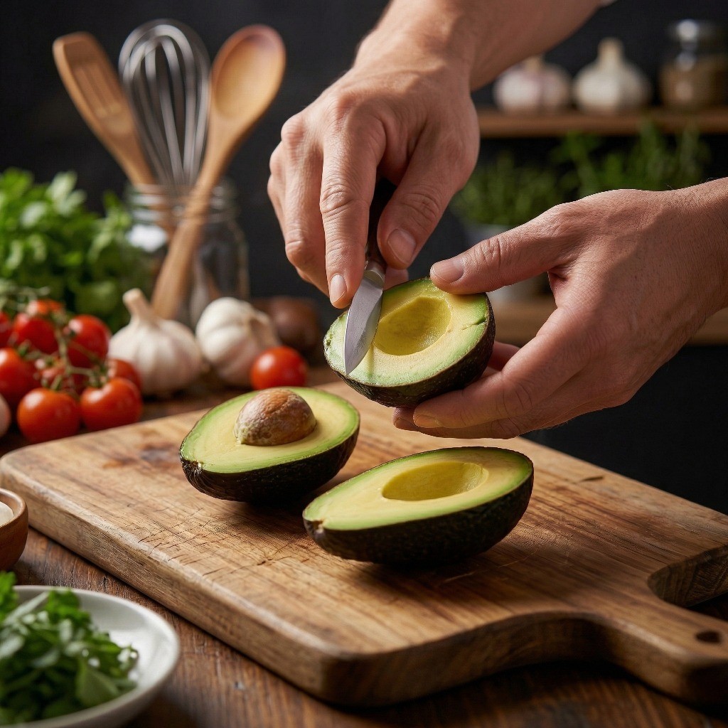 아보카도 가리비찜 레시피 1단계: 잘 익은 아보카도 반으로 갈라 껍질 손질하기