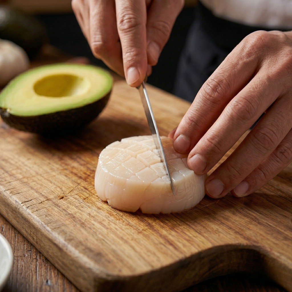 아보카도 가리비찜 레시피 2단계: 신선한 가리비 관자에 십자(十) 칼집 내기