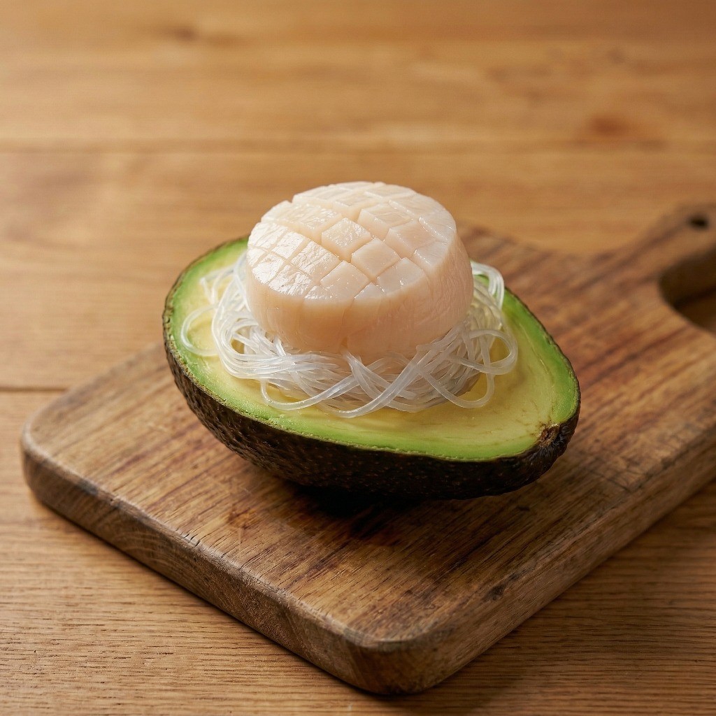 아보카도 가리비찜 레시피 3단계: 손질된 아보카도 위에 실당면과 가리비를 올린 복주머니 모양