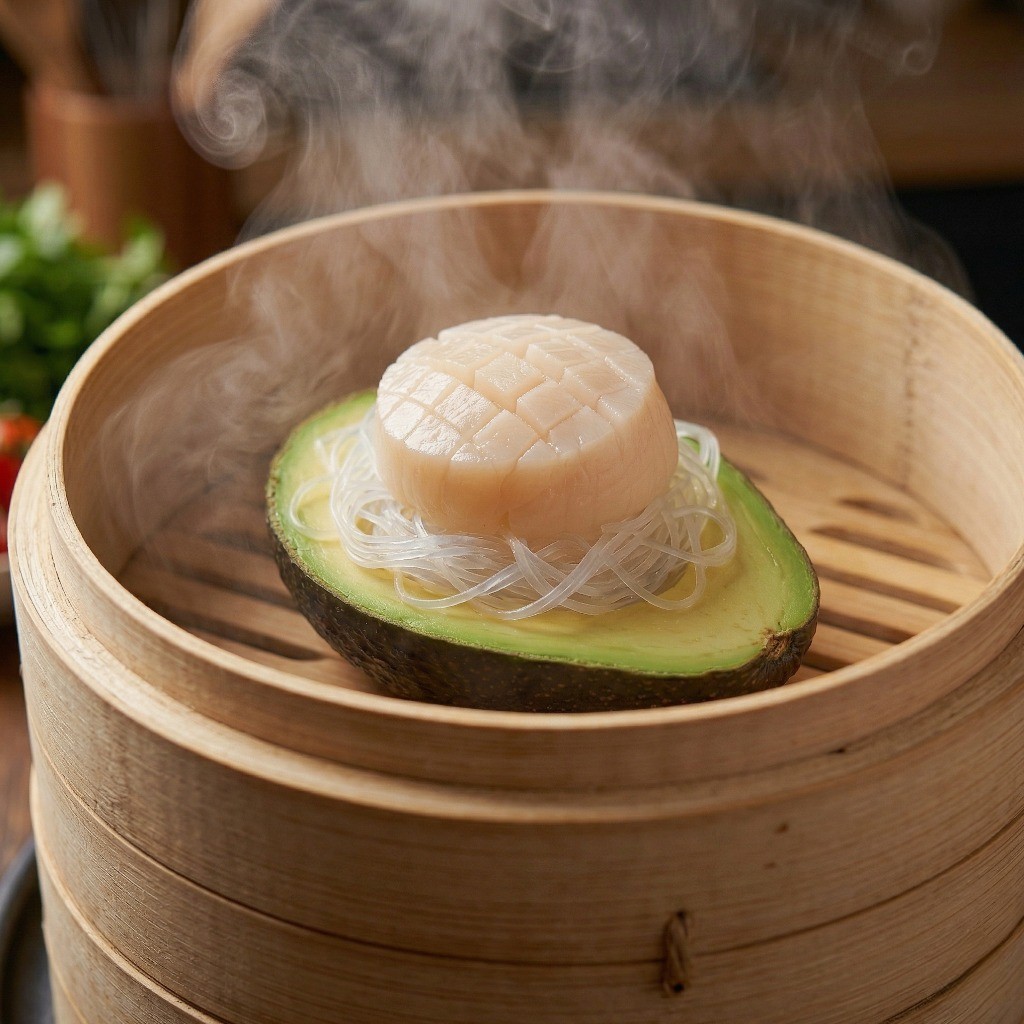 아보카도 가리비찜 레시피 4단계: 대나무 찜기에서 먹음직스럽게 익어가는 가리비와 아보카도