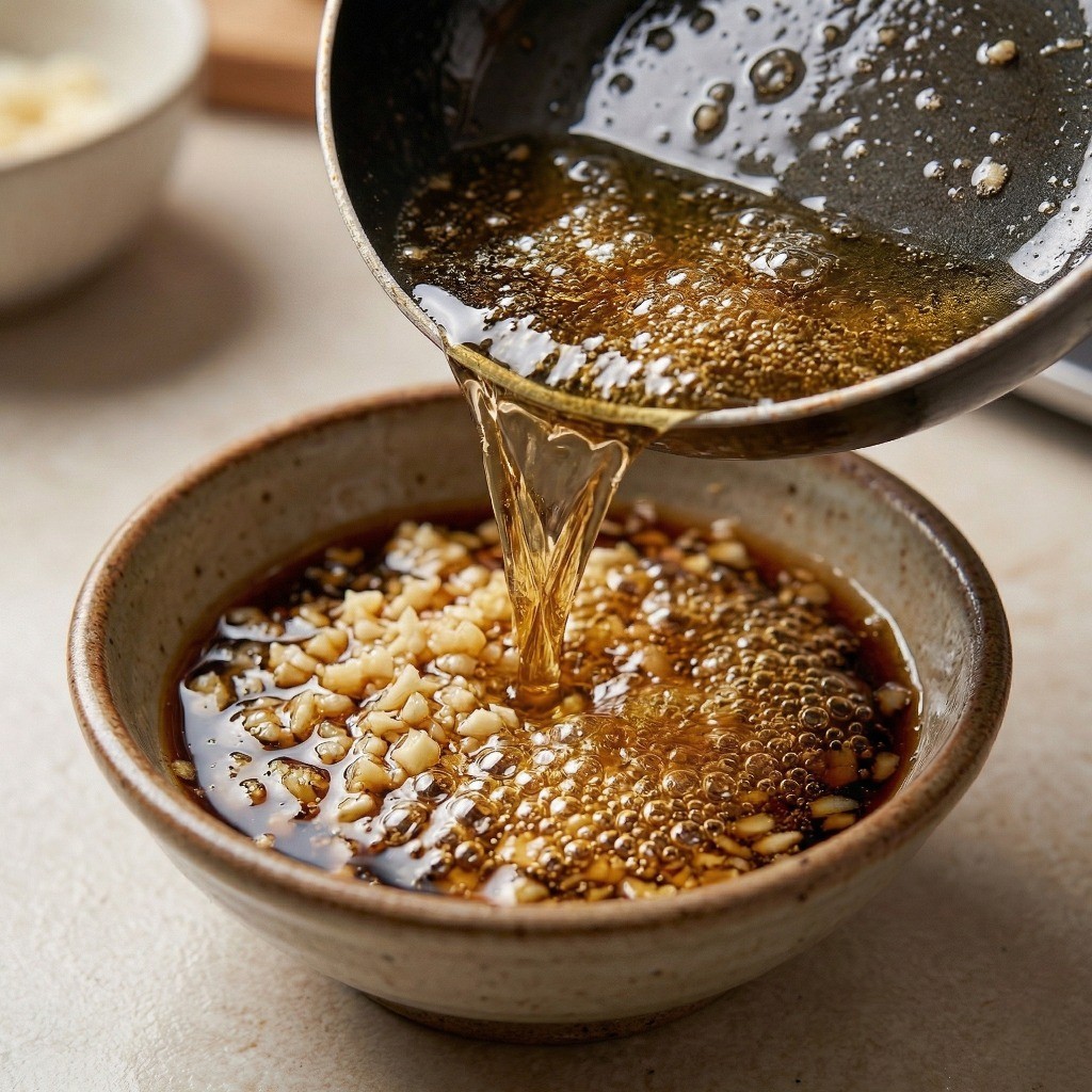 아보카도 가리비찜 마늘소스 비법: 다진 마늘에 끓는 기름을 부어 감칠맛 나는 특제 소스 만들기