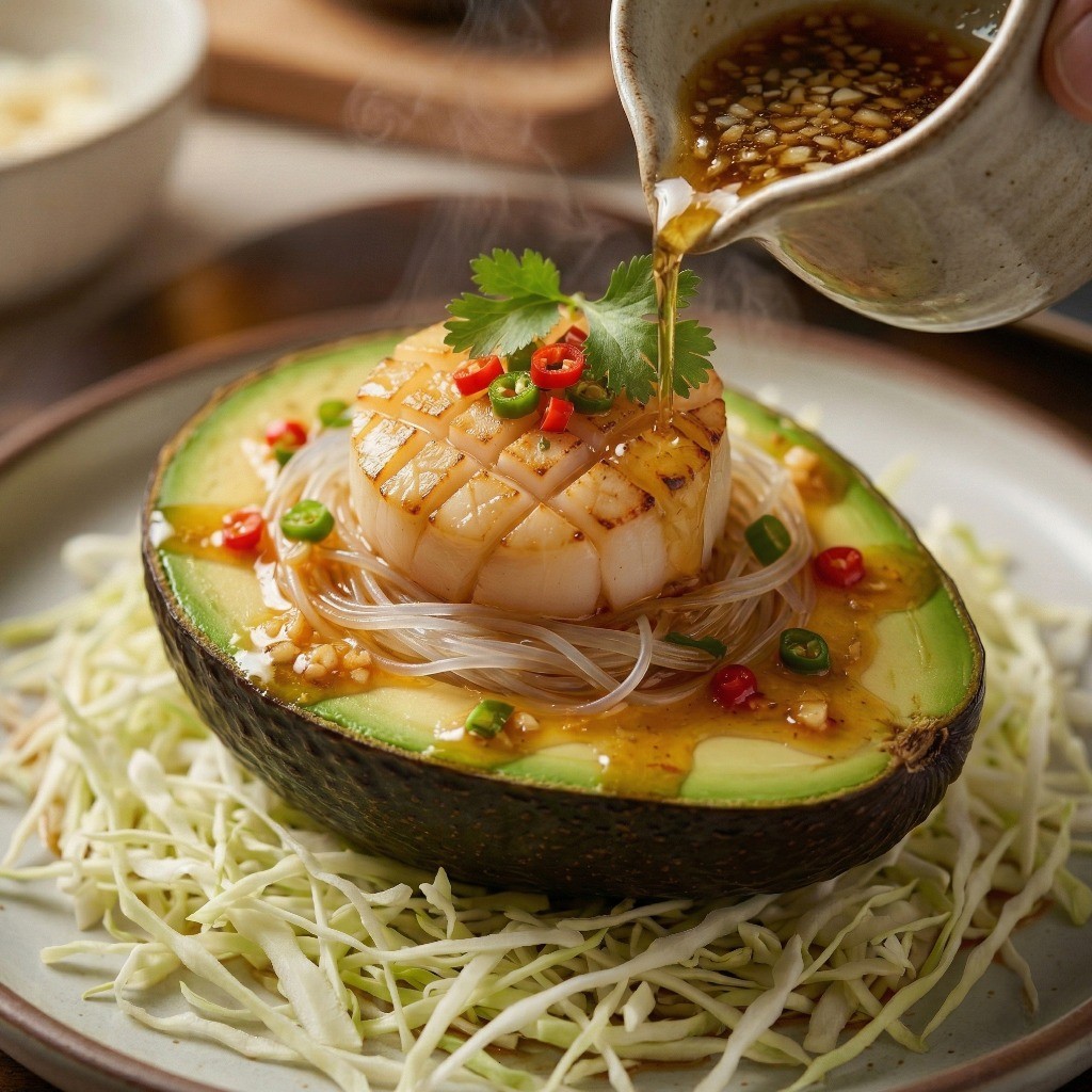 이연복 아보카도 가리비찜 플레이팅: 양배추 위에 올리고 마늘소스와 고수를 곁들인 최종 완성 모습