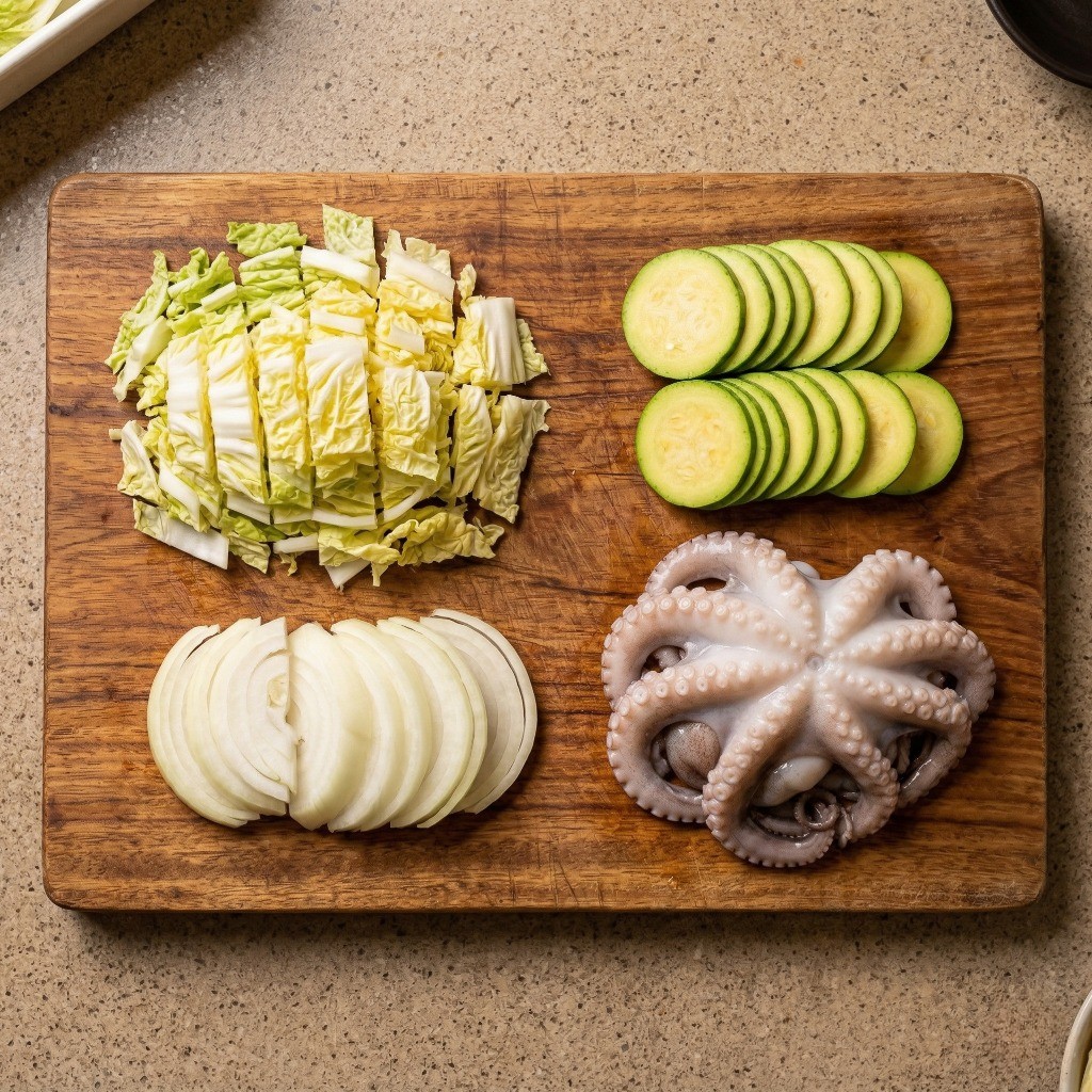 옛날 짬뽕 만들기 1단계: 알배추, 양파, 낙지 등 신선한 짬뽕용 채소와 해산물 재료 손질 과정