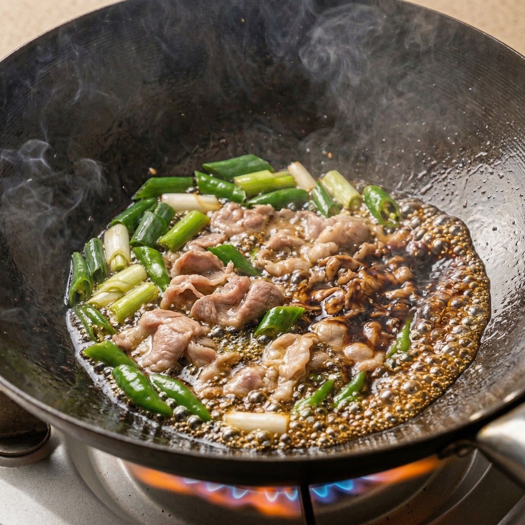 옛날 짬뽕 만들기 2단계: 대파로 파기름을 내고 썰어둔 돼지고기와 청양고추를 넣어 불향 나게 볶는 모습