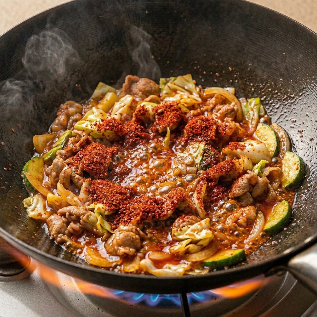 옛날 짬뽕 만들기 3단계: 준비한 채소를 볶다가 고춧가루를 넣고 타지 않게 볶아내는 짬뽕 베이스 조리 과정